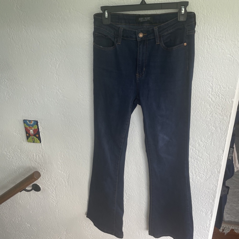 Judy Blue Flare Jeans Dark Blue Wash Stretch Denim Distressed 5-Pocket Women 28